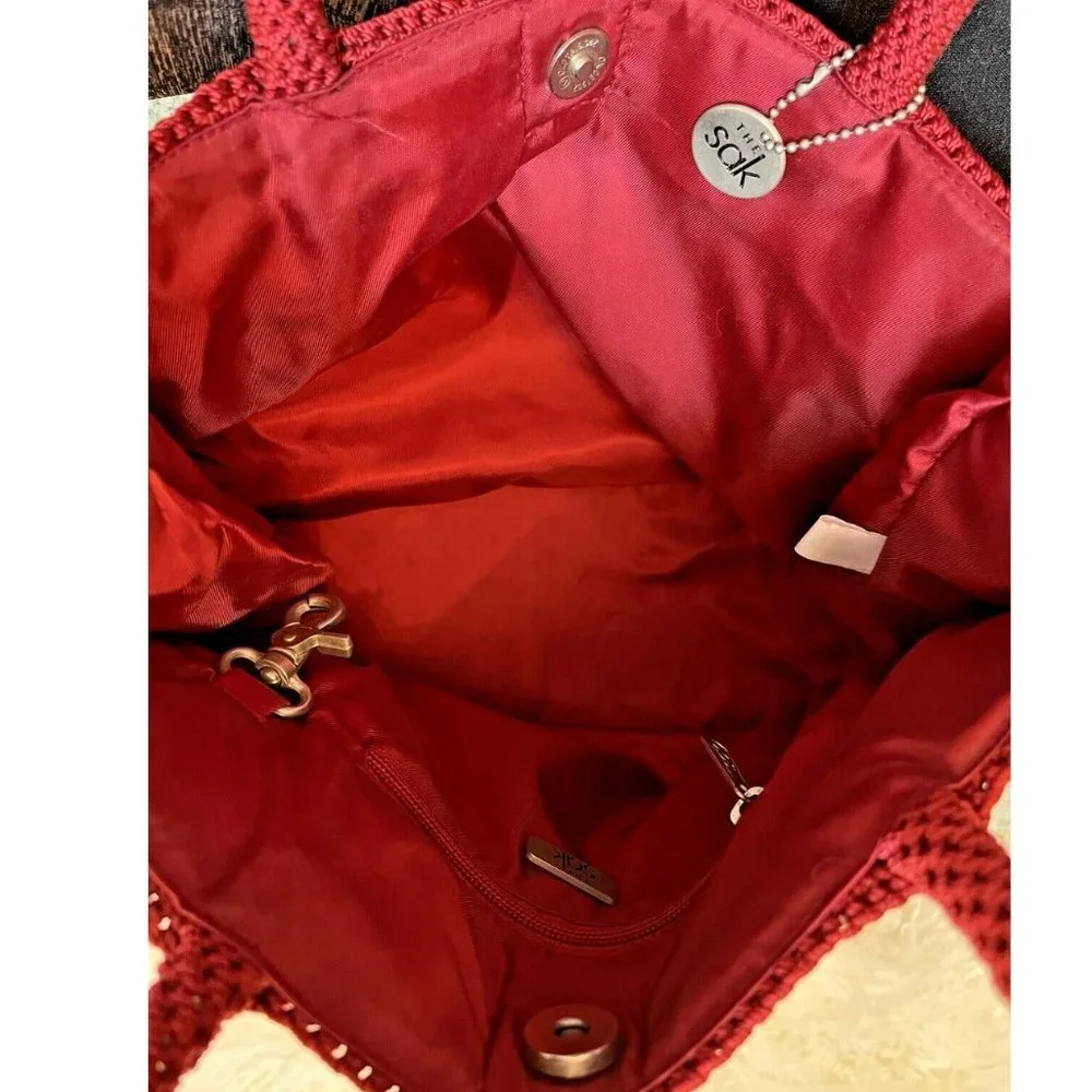 VINTAGE BOHO INDIE RUSTIC COTTAGE CORE THE SAK RED CROCHET HAND BAG TOTE PURSE - Picture 10 of 10